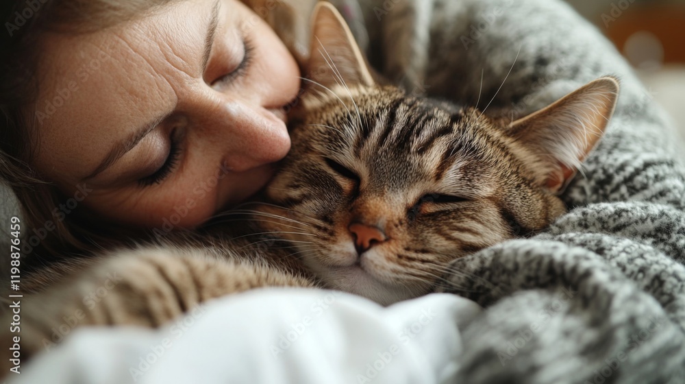 Peaceful Woman and Cat Sharing a Tender Moment of Rest Peaceful Woman and Cat Sharing a Tender Moment of Rest