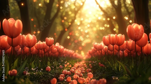 Wallpaper Mural A serene path lined with blooming tulips, illuminated by soft sunlight in a tranquil forest. Torontodigital.ca