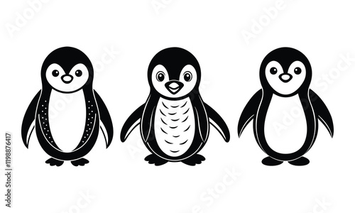 penguin set black silhouette art illustration white background.