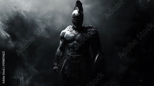 Spartan warrior standing tall, black and white armor glistening, with a dark background and thin white smoke