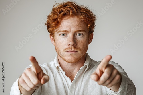 A young man with red hair and freckles points towards the camera, conveying a serious expression.