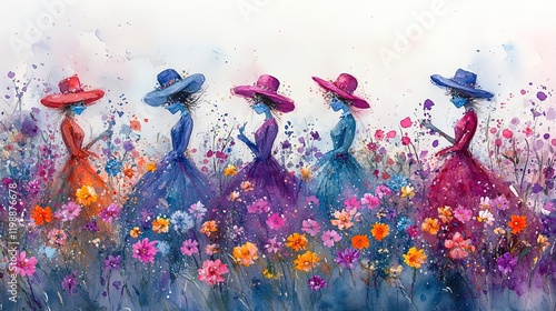 Wallpaper Mural A vibrant watercolor scene of women in colorful dresses and hats walking through a flower field. Torontodigital.ca