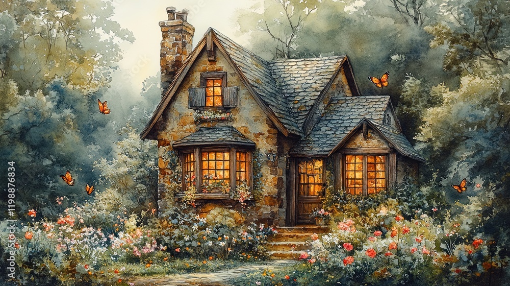 custom made wallpaper toronto digitalA cozy stone cottage surrounded by vibrant flowers and butterflies in a serene forest setting.