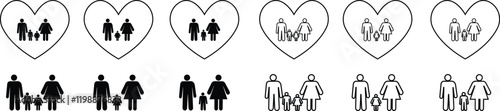 Family greeting icon set in flat and line style. Person gesture black vector collection isolated on transparent background. People leader business concept. Child custody symbol. Washroom Accessibility