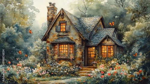 Wallpaper Mural A cozy stone cottage surrounded by vibrant flowers and butterflies in a serene forest setting. Torontodigital.ca