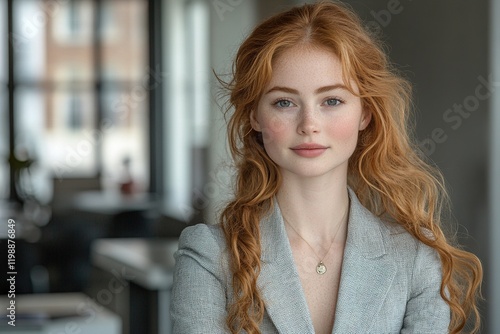 A portrait of a confident young woman in a professional setting, showcasing her natural beauty.