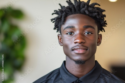 A young man with textured hair wearing a black shirt, smiling in a bright indoor setting.
