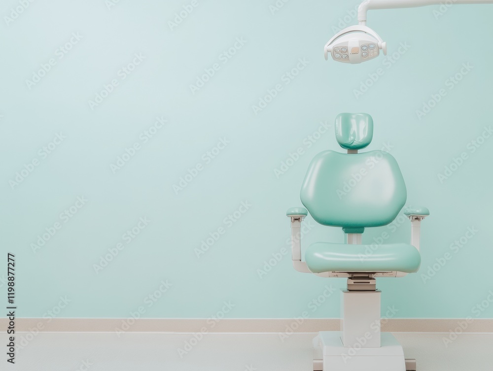 Obraz premium Minimalist Dental Clinic Design Teal Modern Chair and Equipment in Sterile Space - Enhancing Patient Care with Health Tech for Contemporary Practices