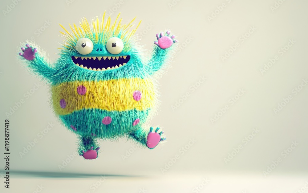Fototapeta premium A teal-and-yellow striped 3D monster with a large fluffy belly, a navel, and pink polka dots, joyfully jumping on a white background