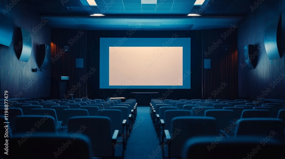 Fototapeta premium Business conference room with a large screen, stylish decor, and rows of chairs set up for attendees.
