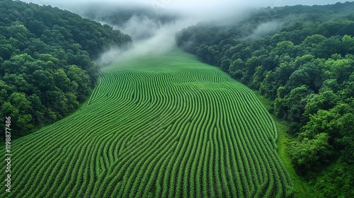 Wallpaper Mural A lush green field with wavy crop patterns surrounded by foggy hills. Torontodigital.ca