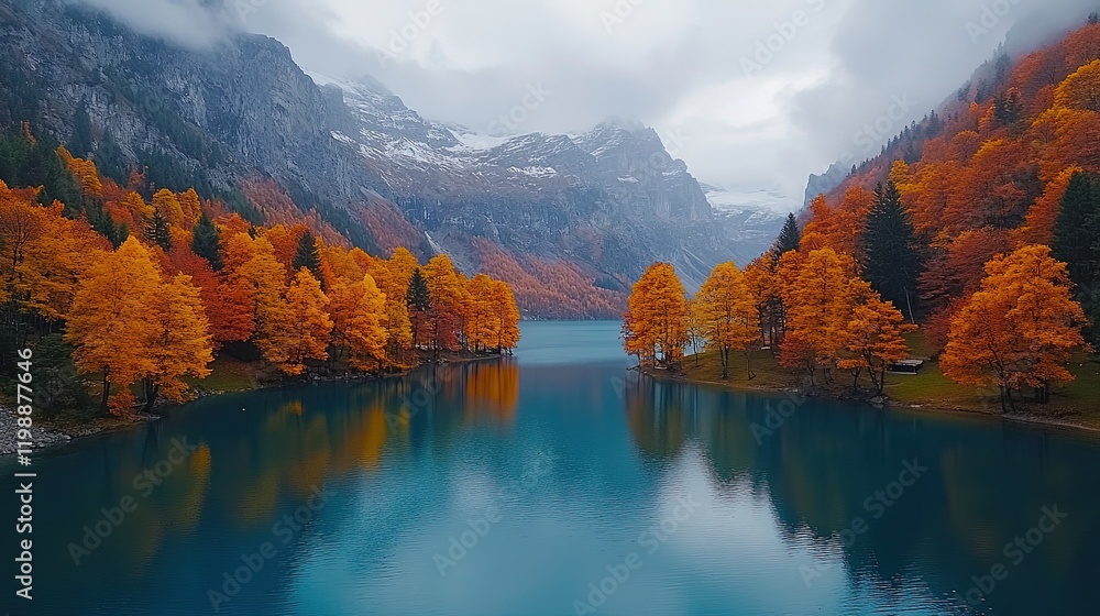 custom made wallpaper toronto digitalA serene autumn landscape featuring vibrant orange trees and a tranquil lake surrounded by mountains.