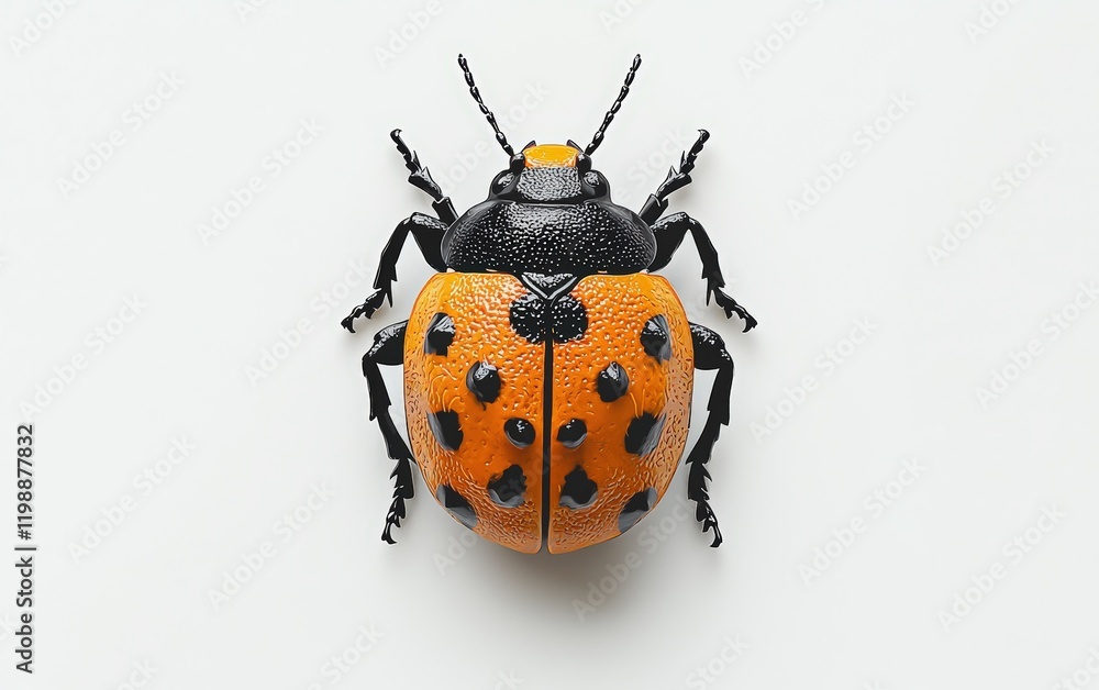 A vibrant orange and black ladybug with sharp details on its legs and spots, perfectly centered on a clean white background A vibrant orange and black ladybug with sharp details on its legs and spots, perfectly centered on a clean white background