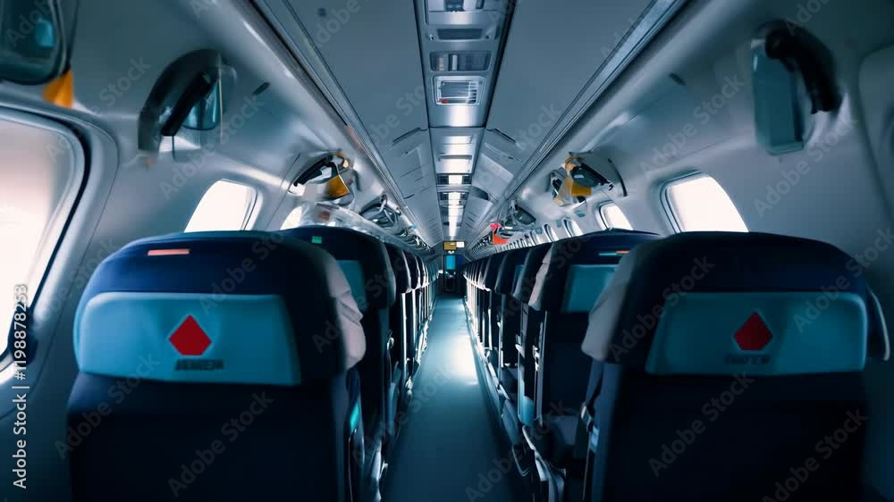 A view of an empty airplane interior with rows of seats, overhead compartments, and subtle lighting creating a modern travel atmosphere. 4k Video footage. A view of an empty airplane interior with rows of seats, overhead compartments, and subtle lighting creating a modern travel atmosphere. 4k Video footage.