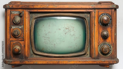 An antique wooden television set with a vintage screen and knobs. photo