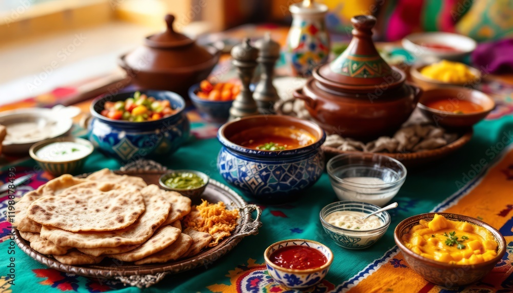 A Feast for the Senses: A vibrant table laden with an enticing array of Indian cuisine, featuring colorful dishes, fragrant spices, and traditional servingware. A Feast for the Senses: A vibrant table laden with an enticing array of Indian cuisine, featuring colorful dishes, fragrant spices, and traditional servingware.
