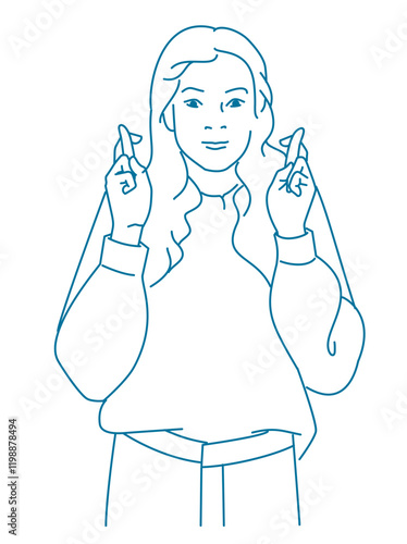 girl cross her fingers for good luck and looking hopeful at camera, making wish