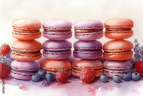 Wallpaper Mural A colorful arrangement of macarons with berries and lavender, showcasing dessert artistry. Torontodigital.ca
