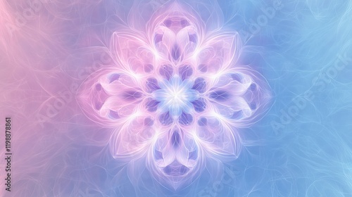 Translucent sacred geometry flower mandala, dreamy pastel gradient atmosphere, ethereal mesh pattern overlay, spiritual geometric art style, soft feminine color blend from pink to blue, delicate