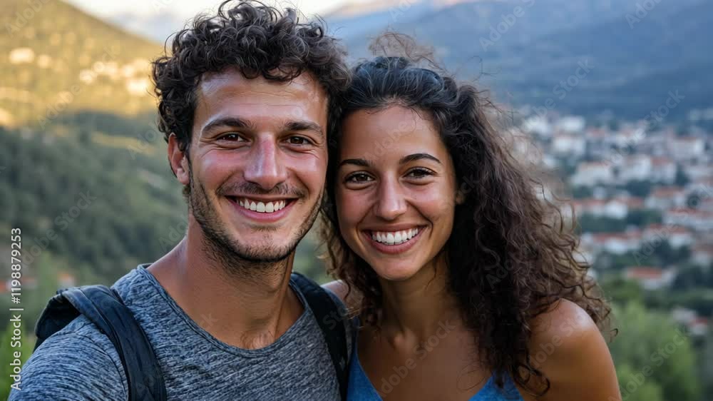 love couple man and woman travel together, standing smiling with gorgeous view of hilltop with coastal town and green forest below love couple man and woman travel together, standing smiling with gorgeous view of hilltop with coastal town and green forest below