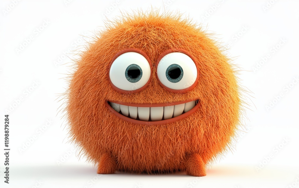 Fototapeta premium Adorable orange monster with a soft, furry texture, goofy smile, cartoon-style 3D, centered on white