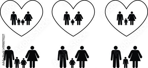 Family greeting icon set in flat and line style. Person gesture black vector collection isolated on transparent background. People leader business concept. Child custody symbol. Washroom Accessibility