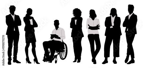 Silhouettes of diverse business people standing, men, women full length, sitting in wheelchair. Inclusive business concept. Vector monochrome illustrations isolated on transparent background.
