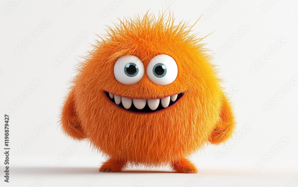 Obraz premium Adorable orange monster with a soft, furry texture, goofy smile, cartoon-style 3D, centered on white