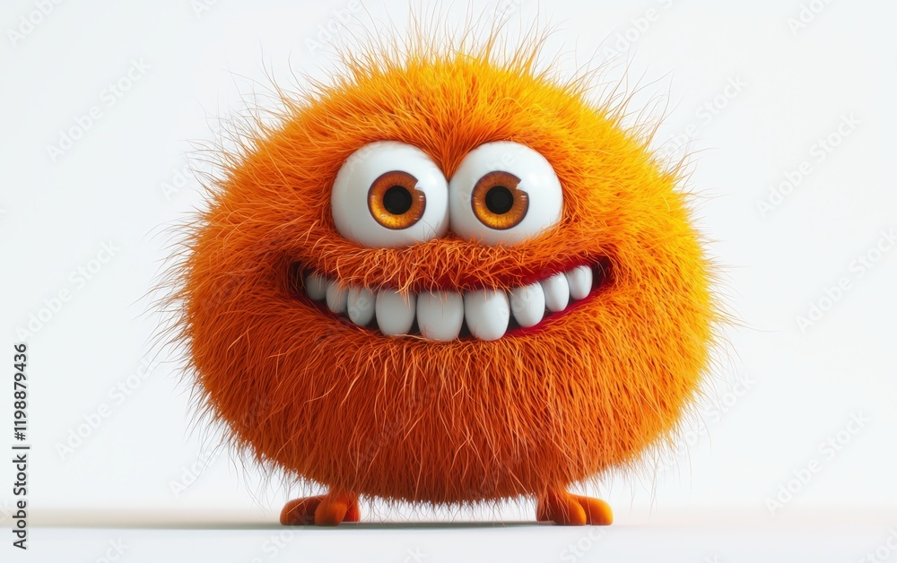 Fototapeta premium Adorable orange monster with a soft, furry texture, goofy smile, cartoon-style 3D, centered on white