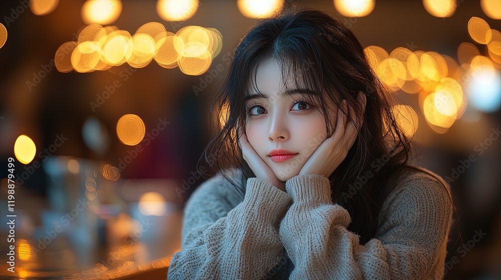 custom made wallpaper toronto digitalA contemplative young woman rests her chin on her hands, surrounded by warm, glowing lights.