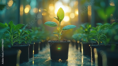 Wallpaper Mural A young plant thrives in a pot, surrounded by others, illuminated by warm sunlight. Torontodigital.ca
