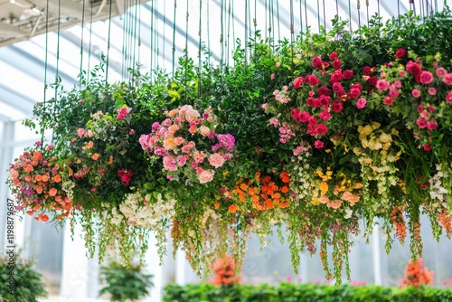 Wallpaper Mural A vibrant display of hanging flowers in various colors, creating a beautiful and lively atmosphere in a greenhouse setting. Torontodigital.ca