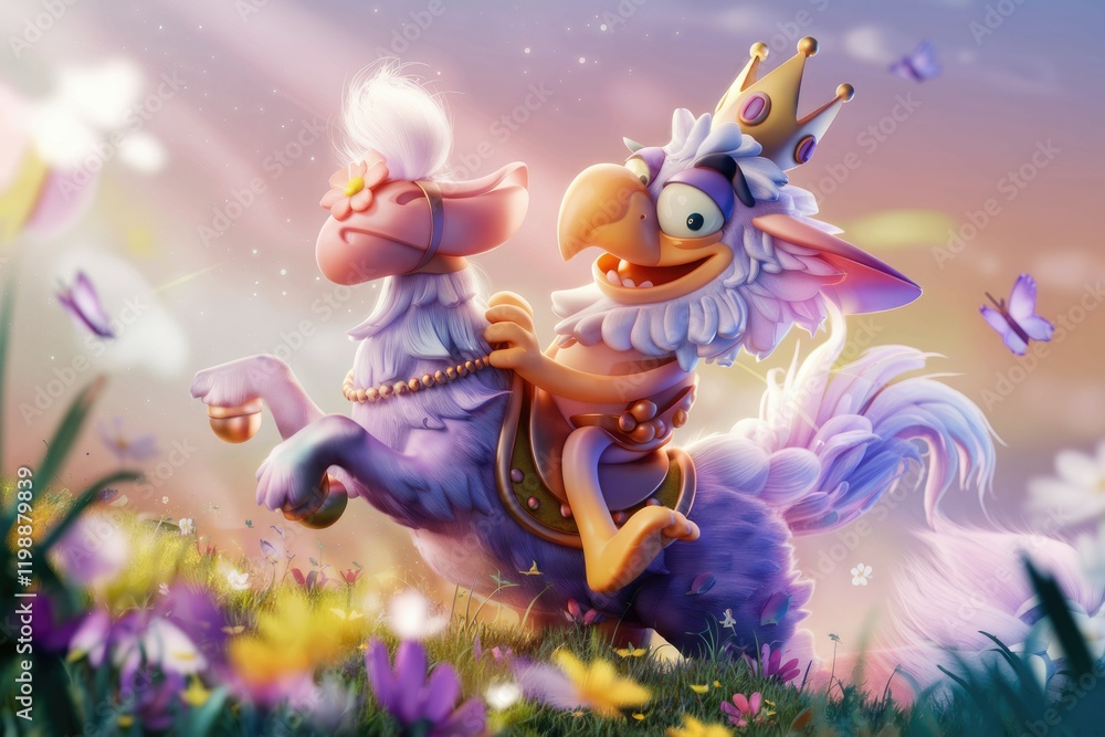 Fototapeta premium A crowned creature joyously rides a fluffy steed through a vibrant, flower-filled meadow.