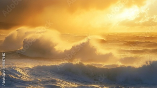 Golden Sunrise Over a Turbulent Ocean with Waves Crashing