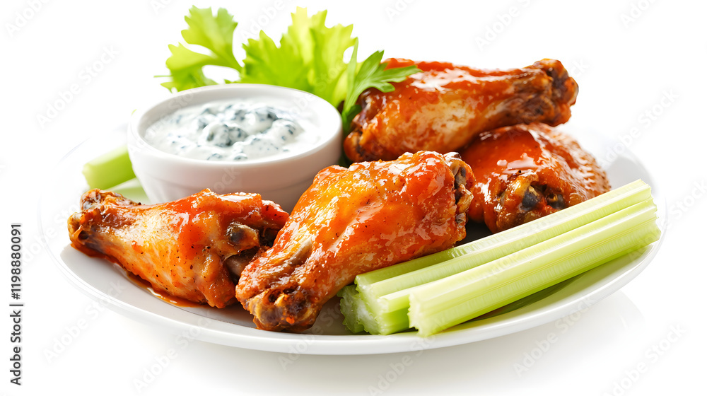 Neatly Arranged Plate of Buffalo Wings with Celery and Dip Neatly Arranged Plate of Buffalo Wings with Celery and Dip