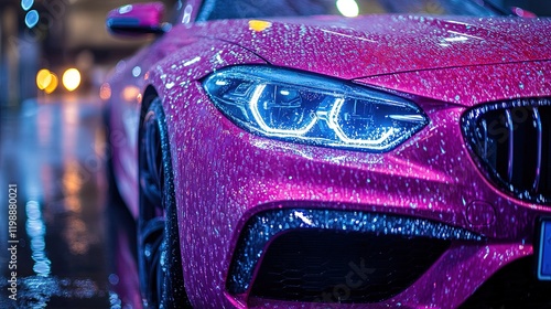 Wallpaper Mural A close-up of a vibrant pink car with rain droplets, showcasing its sleek design and headlights. Torontodigital.ca