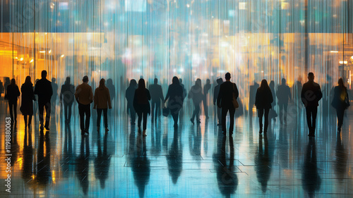 City Lights, Silent Shadows: An evocative silhouette of a crowd walking amidst a shimmering city lightscape, creating a sense of anonymity and the transient nature of urban life. photo