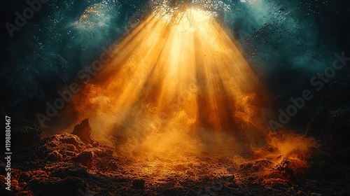 Ethereal underwater scene with rays of light illuminating the ocean floor.