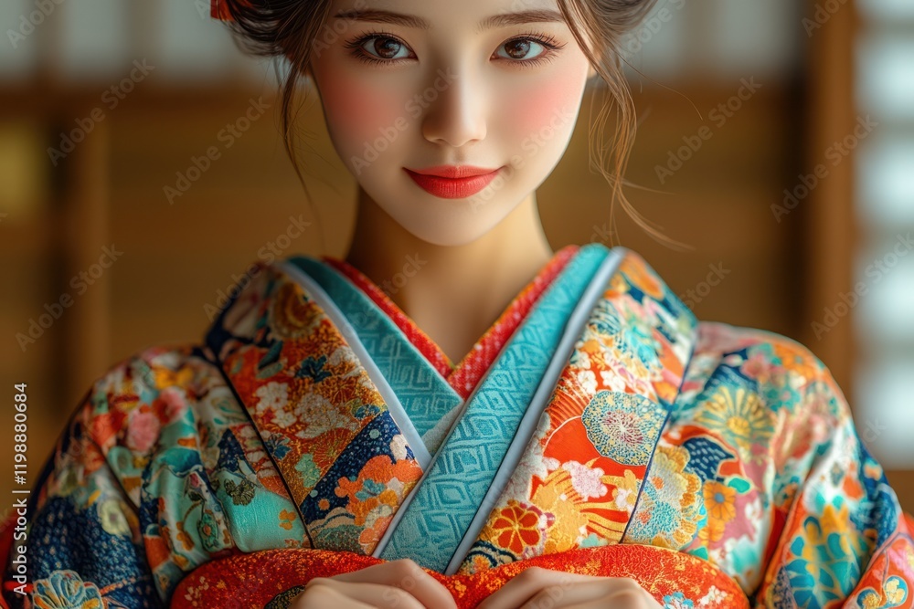 Fototapeta premium Beautiful woman wearing a colorful kimono in a traditional setting showcasing Japanese culture and elegance