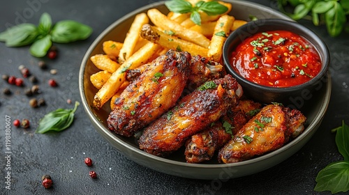 A delicious plate featuring crispy chicken wings, fries, and marinara sauce garnished with herbs.