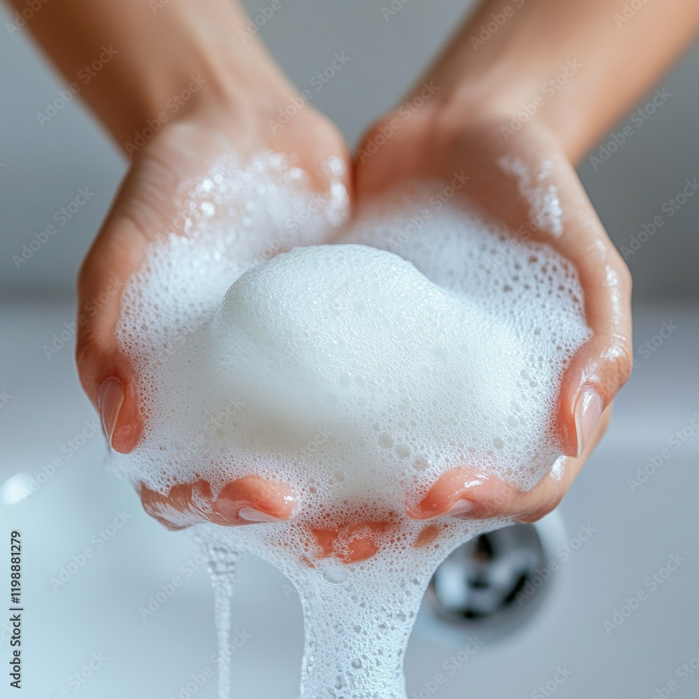 Fototapeta premium Modern Hygiene Essentials Close-Up Soap Lather on Hands in Soft Focus - Promoting Effective Handwashing Technique for Health Campaigns and Skincare Marketing