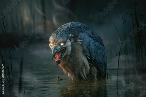 A menacing, glowing-eyed bird creature stands in murky swamp water, its beak open in a fierce snarl. photo