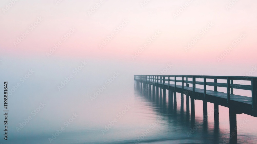 Fototapeta premium Wooden Pier Extending into Foggy Water at Sunset