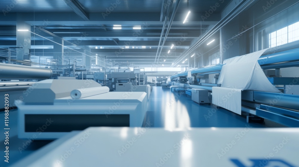 Obraz premium Modern textile factory showcasing high tech machinery in bright natural lighting environment