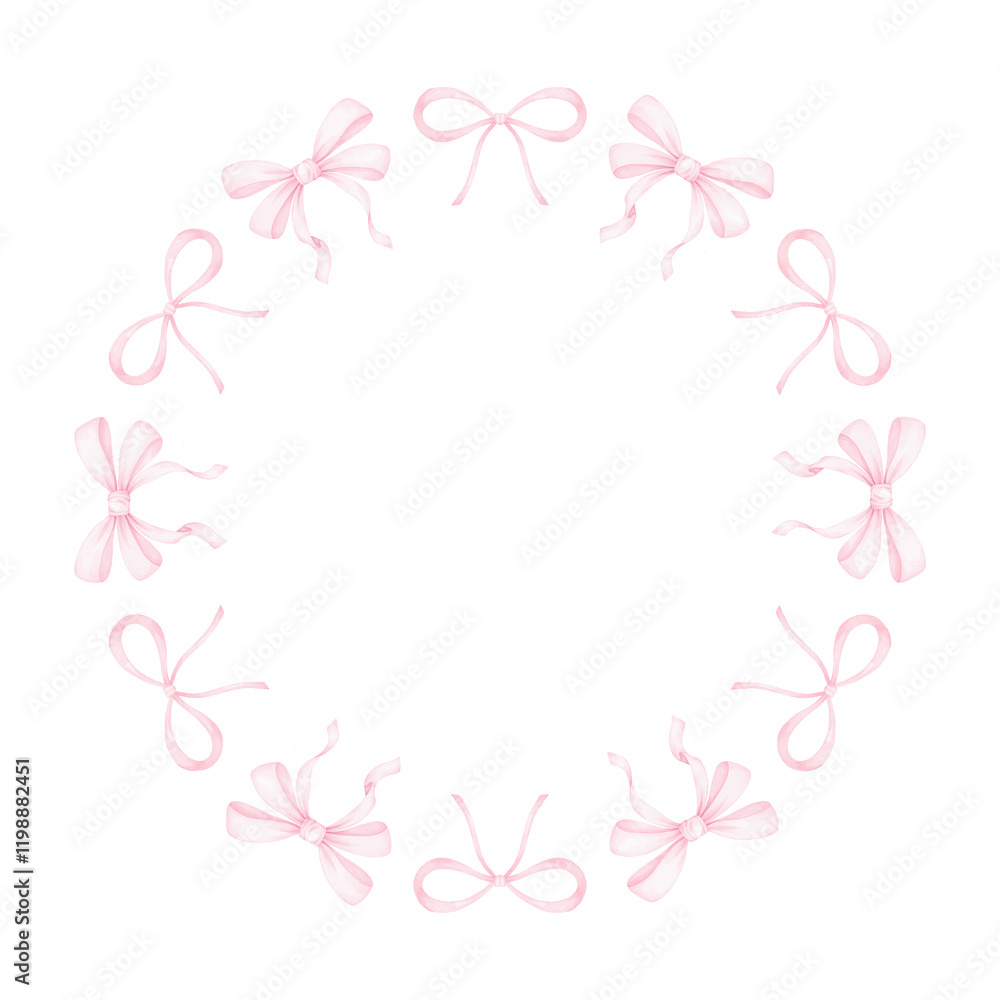 cute festive bows. Watercolor round frame on white background for textile, wrapping paper. Cute children's illustration in pastel colors cute festive bows. Watercolor round frame on white background for textile, wrapping paper. Cute children's illustration in pastel colors
