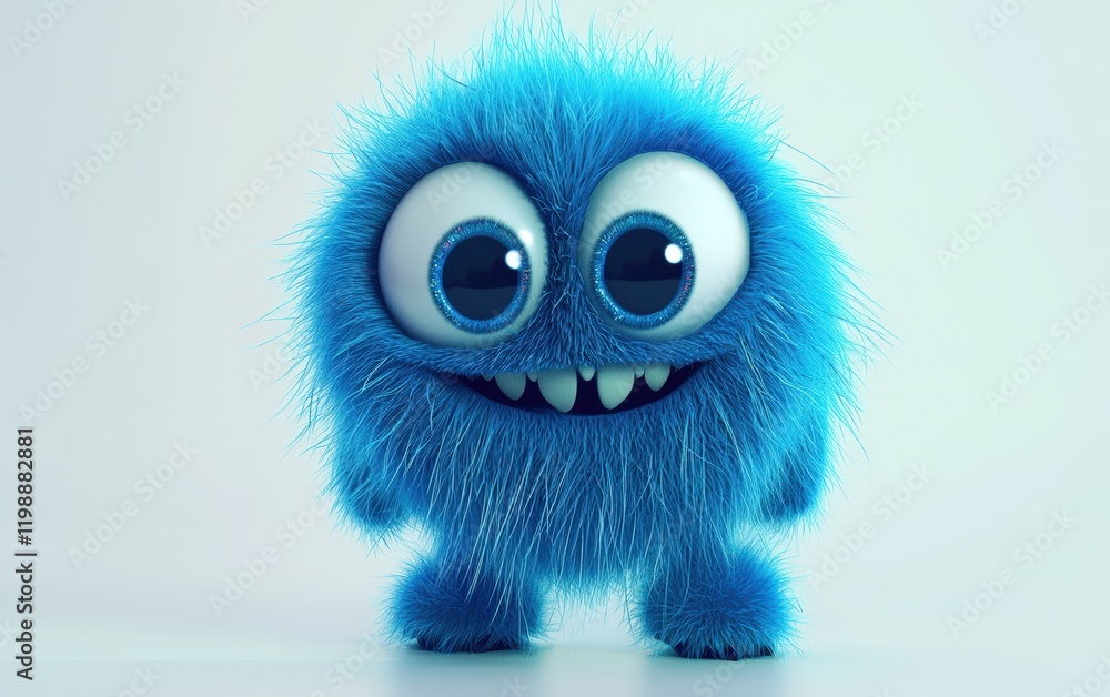 Obraz premium Cute blue furry monster, 3D cartoon character, with big eyes and a playful smile, standing on a clean white background