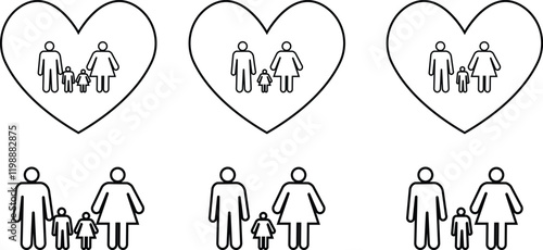 Family greeting icon set in flat and line style. Person gesture black vector collection isolated on transparent background. People leader business concept. Child custody symbol. Washroom Accessibility