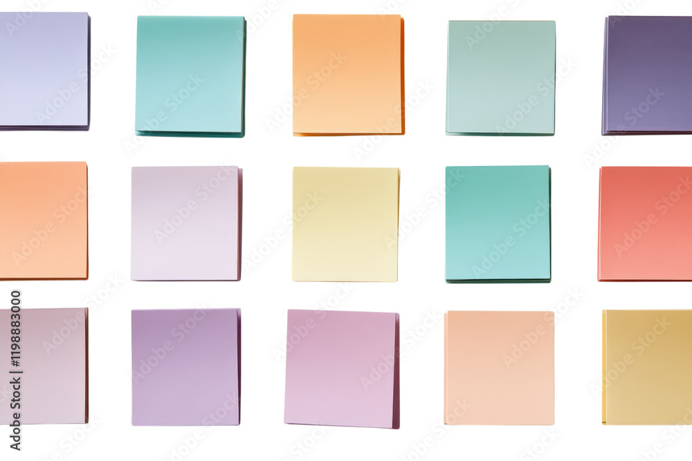 Colorful sticky notes arranged neatly in a grid pattern on a clean white background for organization and creativity Colorful sticky notes arranged neatly in a grid pattern on a clean white background for organization and creativity
