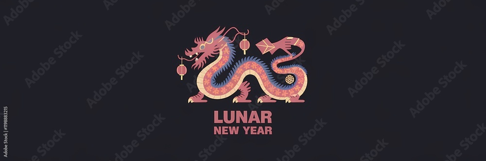 Fototapeta premium A dark theme, minimalist Lunar New Year poster with a creative illustration of a dragon. The dragon is made up of various Lunar New Year symbols such as lanterns, firecrackers, and red envelopes.