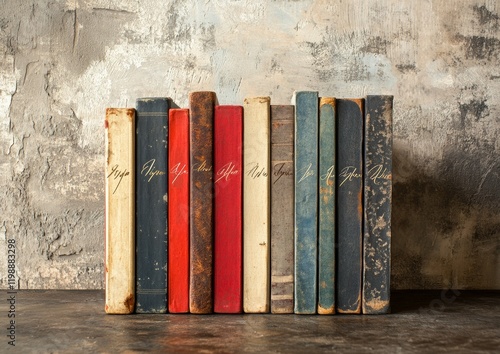 Vintage Literary Aesthetic Handwritten Hardcover Books on Textured Neutral Backdrop - Artistic Design and Minimalist Style for Creative Marketing and Event Invitations photo